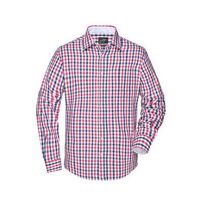 FASHIONABLE CHECKED SHIRT WITH UNI-COLOURED INSETS ON COLLAR AND CUFF