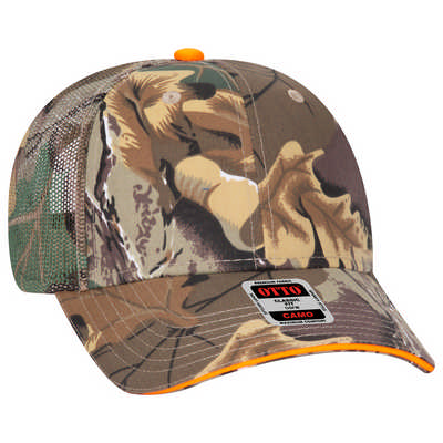 CAMOUFLAGE 6 PANEL COTTON BLEND TWILL SANDWICH VISOR LOW PROFILE MESH BACK TRUCKER CAP