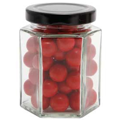 Large Hexagon Jar with Choc Red Balls_ Jaffa Lookalikes