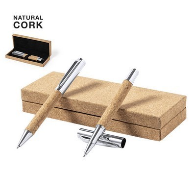 Pen set ball and roller ball made from cork and metal in CORK gift box SET ODEGOR