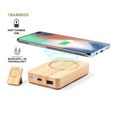 Wireless charger 15w for fast charge stands flat or upright (magnetic attachment) made from Bamboo Dobson