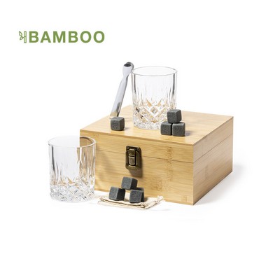 WHISKY SET with 2 x glasses, reusable natural stone ice cubes packed into a bamboo caseSTEGER