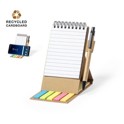 Note book pocket size with pen and sticky notes - converts to phone holder Recycled cardboard