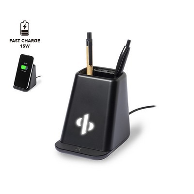 Pen caddy with wireless charger and light up logo 