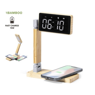 Desk clock digital with wireless charger Bamboo 