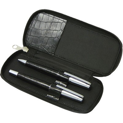 Metal pen gift set includes roller ball and ball pen with leather barrel and packed into zippered case Park lane 