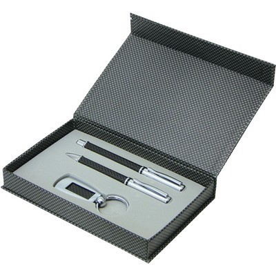 Pen GIFT SET ball point and roller ball pen with matching key ring Carbon fibre gift set 