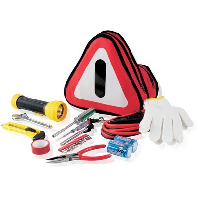 Car utility bag with jumper leads , gloves torch , spanner and plyers with Warning sign