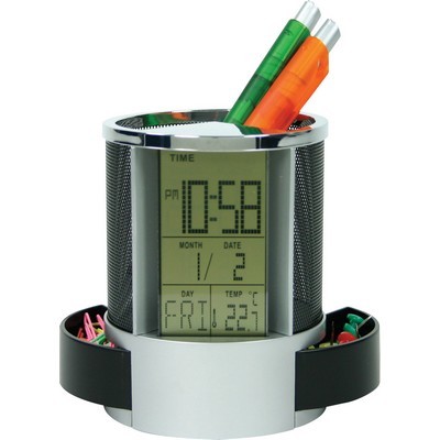 Desk pen caddy and digital clock 